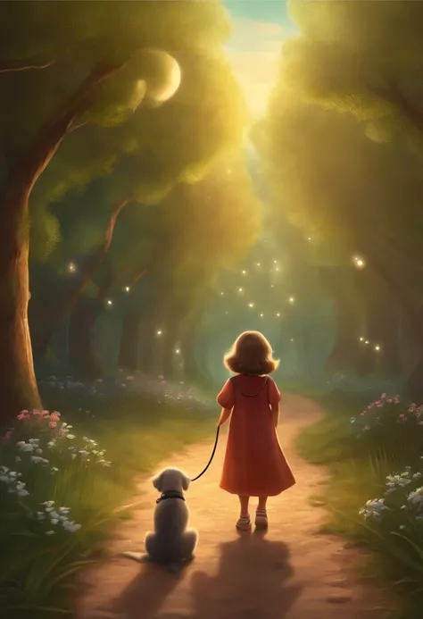 Cartoon A girl who is looking for her dog has a magic necklace and meets her grandmother on the way