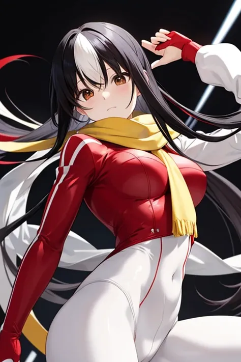 white and red tight rider suit, yellow scarf, black hair, glossy hair, long hair, beautiful woman, 