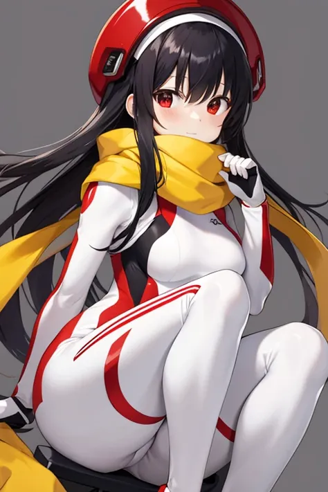 white and red tight rider suit, yellow scarf, black hair, glossy hair, long hair, beautiful woman, 