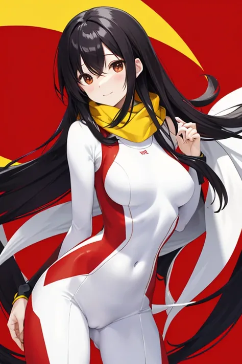 white and red tight rider suit, yellow scarf, black hair, glossy hair, long hair, beautiful woman, 