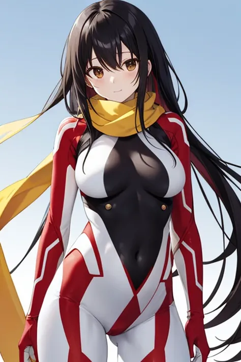 white and red tight rider suit, yellow scarf, black hair, glossy hair, long hair, beautiful woman, 