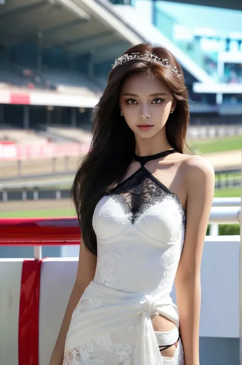 Tzuyu 1, woman, (realistic), (hyper realism), (photorealistic), Depth of the bounds written, eye make up:0.7 (whole body:1.2), (tight waist), looking at the viewer,at the racing track, lace queen, Sexy dress with open shoulders and chest