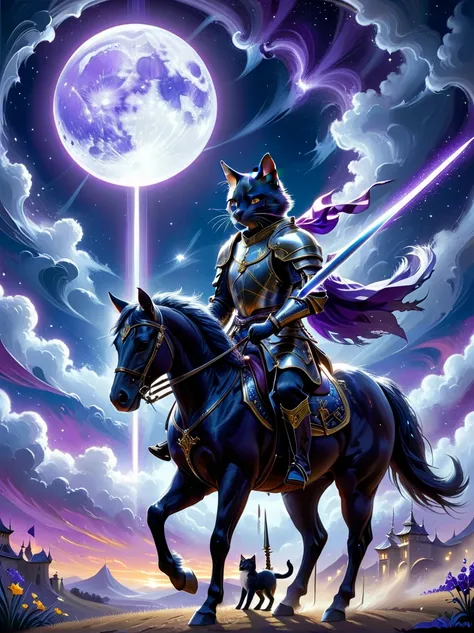 Surrealism, Star光环, Monochrome in the bright embrace of moonlight serenade, (1 stray cat knight), Wearing richly decorated cavalry uniform，(The cat knight holds a sword in his hand)，Deep purple accents capture the whispers of the night, Riding on his trust...