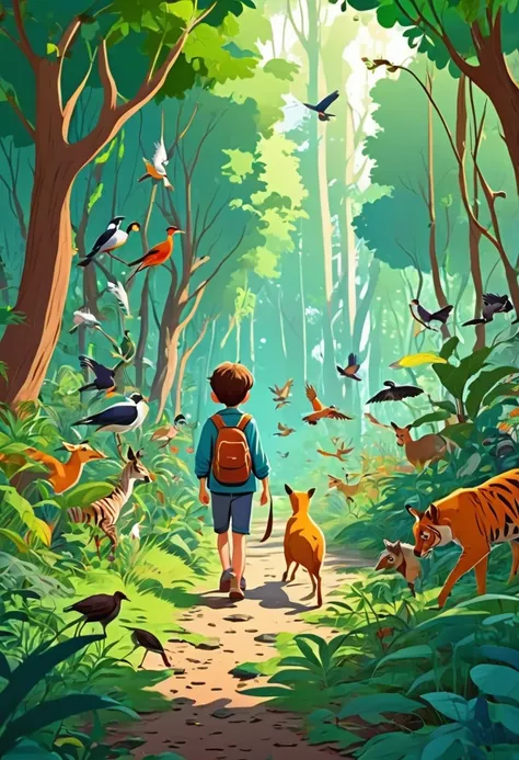 A boy is  walking through a dense forest, filled with various animals and birds, cartoon style 