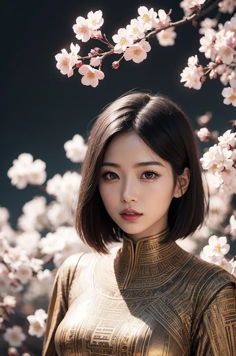 beautiful japanese young woman, wearing spiderwoman armor made of papyrus, thick symmetrical features, very short hair, background is cherry blossoms, pink aura, red lips, octane render,