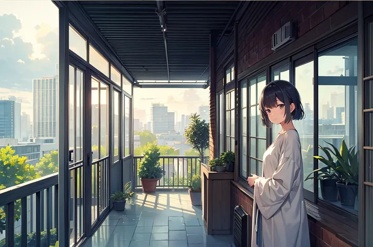 Detailed background, landscape, window, air conditioner, building, Outdoors, Potted plants, concrete, (Illustration:1.0), masutepiece, Best Quality, Potted plants, Cloudy sky, evening, early evening　zori, Girl watching viewer, blue shadow