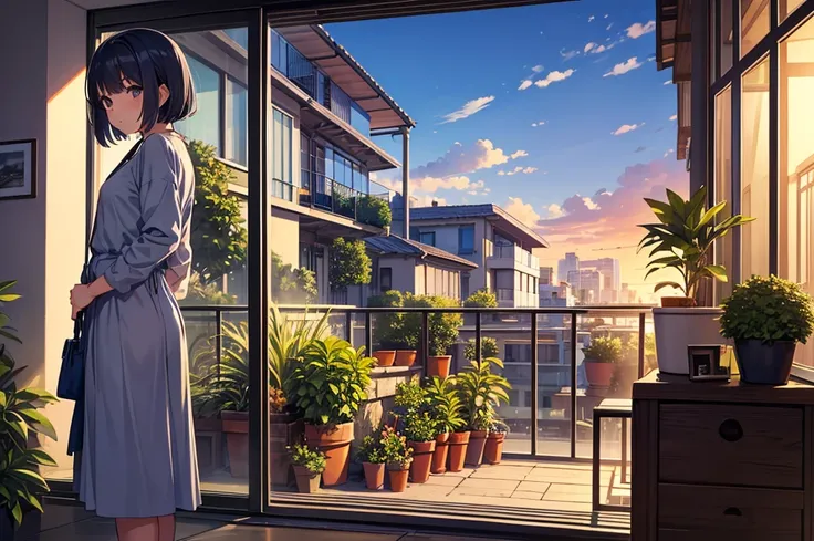 Detailed background, landscape, window, air conditioner, building, Outdoors, Potted plants, concrete, (Illustration:1.0), masutepiece, Best Quality, Potted plants, Cloudy sky, evening, early evening　zori, Girl watching viewer, blue shadow