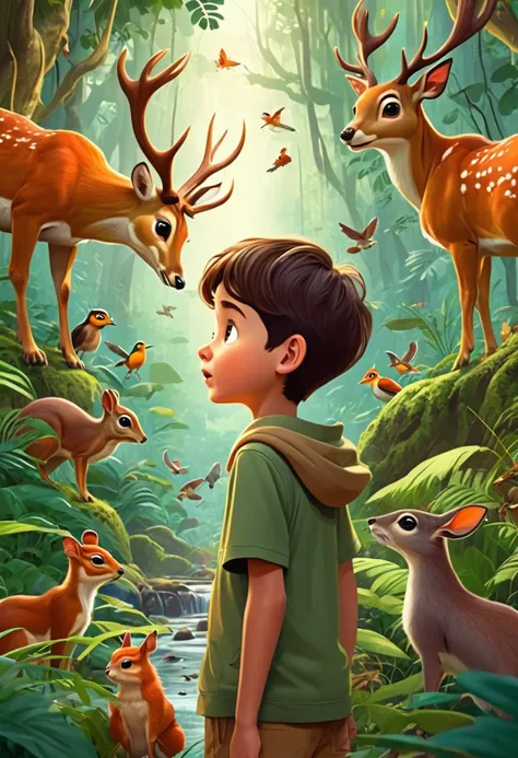 A boy is  experiencing awe and wonder as he encounters different creatures in the jungle, such as deer, birds, and squirrels. Cartoon style 