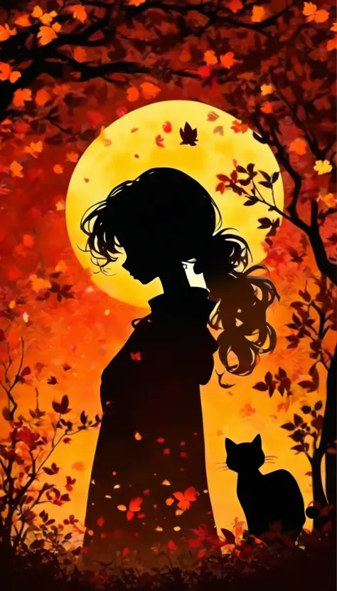 (silhouette art,Cutout:1.6)
(((Paper cutting art,A world where only black exists:1.3)

(cowboy shot),1 girl,alone,
(Kimono Girl,profile:1.2),white, Clean and beautiful face,Black cat at feet、Full Moon Behind

break
(autumn leaves、yellow　red:6.1)
textured g...