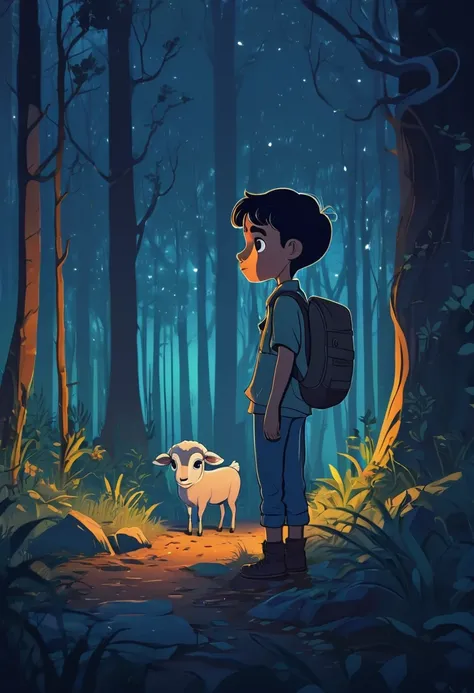 Nightfall in the forest,a boy Ram feeling a sense of loneliness and vulnerability, highlighting the importance of safety and following rules. Cartoon style 