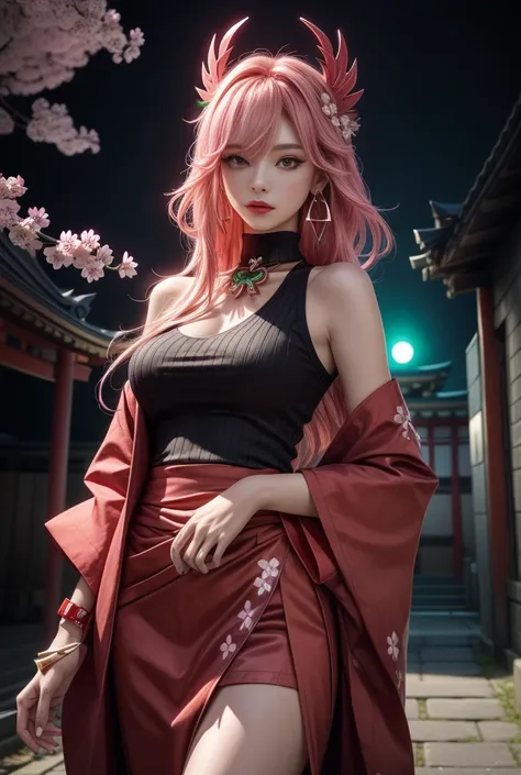 (Masterpiece, Excellent, 1girl, solo, complex details, color difference), realism, ((medium breath)), off-the-shoulders, big breasts, sexy, Yae Miko, long pink hair, red headdress, red highlight, hair above one eye, green eyes, earrings, sharp eyes, perfec...