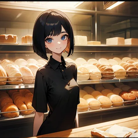 insanely detailed, half body shot, happy, beautiful girl, perfect small face, big breasts, slender, bob cut, polo shirt, bakery, 16K