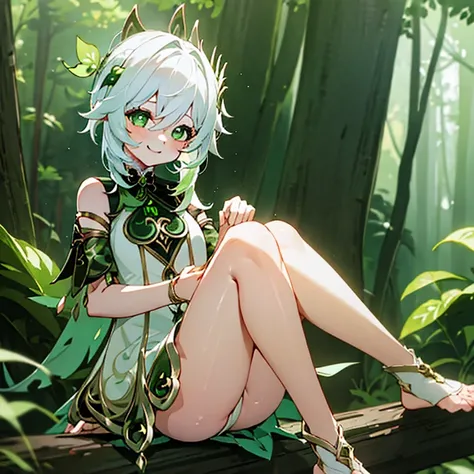 Cute, green eyes, 1 girl, sitting, white hair, (genshin impact), smiling, forest background, not wearing panties, cute pussy, cute asshole