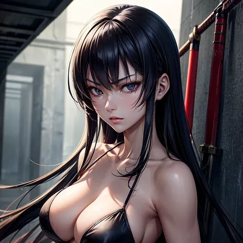 Saeko Busujima with detailed eyes and lips, flowing black hair, fierce expression, slender figure, standing in a deserted school corridor, surrounded by a dark and mysterious atmosphere. She is holding a blood-stained katana with a menacing presence. The l...