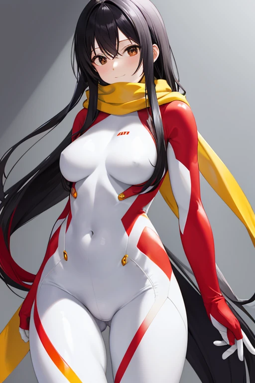 white and red tight rider suit, yellow scarf, black hair, glossy hair, long hair, beautiful woman, 