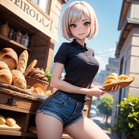 insanely detailed, half body shot, happy, beautiful girl, perfect small face, big breasts, slender, bob cut, polo shirt, short pants, eat bread, 16K