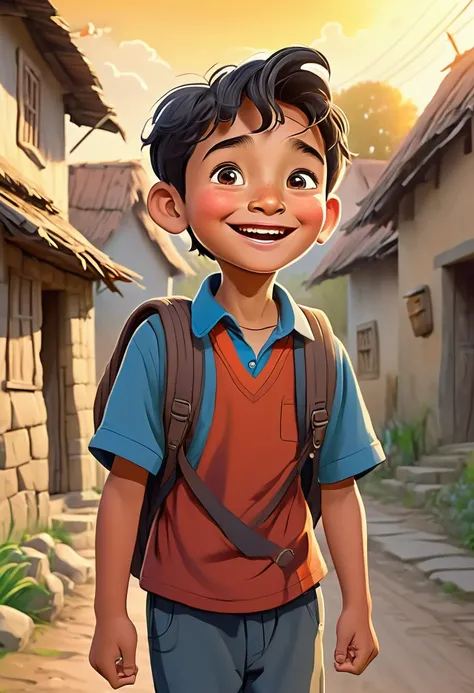 A boy  safely arriving back in the village, with a relieved expression on his face, grateful for the wisdom and guidance of his parents. Cartoon style 