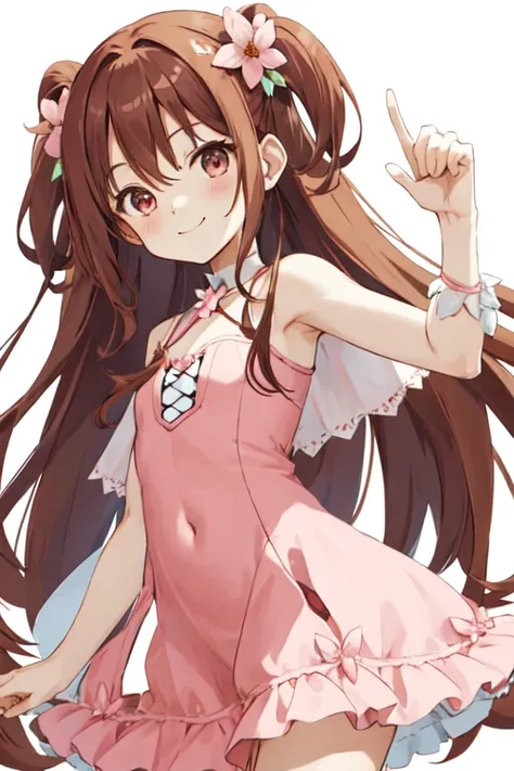 a cartoon girl holding up a heart shaped object with a pink dress on, 1girl, solo, brown hair, smile, hair ornament, long hair, flat chest, small hips, hair flower, flower, dress, transparent background