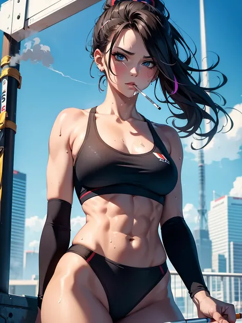 best quality, masterpiece, highres, colorful, artstation, concept art, smooth, sharp focus, illustration, sport girl smoking a cigarette, smoking, smoker, sweating, pov, abs, more smoke,