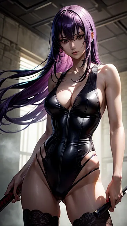 Saeko Busujima with detailed eyes and lips, flowing purple hair, epic scene, fierce expression, Long purple hair, slender figure, standing in a deserted school corridor, surrounded by a dark and mysterious atmosphere. She is holding a blood-stained katana ...