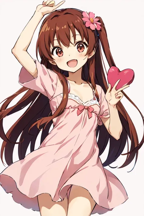 megumi hayakawa, megumi`s magical transformation, a cartoon girl holding up a heart shaped object with a pink dress on, 1girl, solo, brown hair, smile, hair ornament, semi-long hair, flat chest, small hips, hair flower, flower, dress, transparent backgroun...