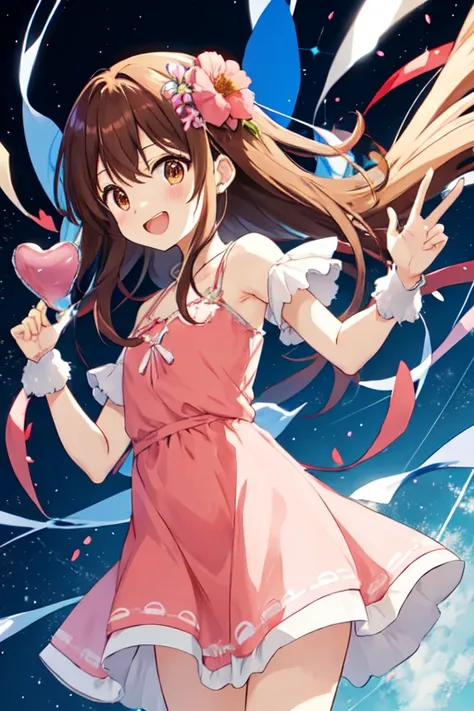 megumi hayakawa, megumi`s magical transformation, torn clothes:1.3, ripping clothes:1.3, bursting clothes:1.3, a cartoon girl holding up a heart shaped object with a pink dress on, 1girl, solo, brown hair, smile, hair ornament, semi-long hair, flat chest, ...