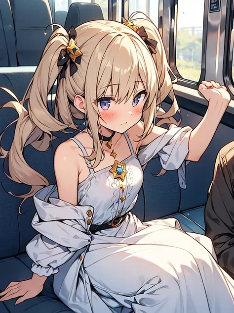 yuyushiki style,1gyaru  girl, white witch dress,gray hair,on the train,
Twin tails with white hat,star light in eyes,Clothes made of thin fabric decorated with frills,