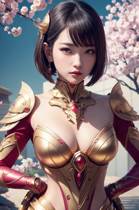 beautiful japanese young woman, wearing cyborg armor made of gold, thick symmetrical features, very short hair, background is cherry blossoms, pink aura, red lips, octane render,