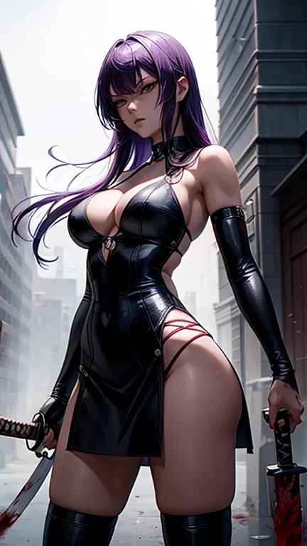 Saeko Busujima with detailed eyes and lips, flowing purple hair, perfect face, anime girls style face, epic scene, fierce expression, Long purple hair, slender figure, standing in a deserted school corridor, surrounded by a dark and mysterious atmosphere. ...