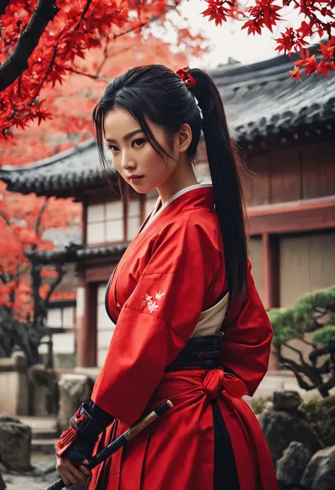 realistic photo of Chinese woman dressed neatly, in full view holding a samurai -X background of ancient Japanese house, dry leaf tree (best quality, 4K, 8k, high resolution,masterpiece:1.2) ,(actual, photoactual, photo-actual:1.37). Fresh Japanese Beauty ...