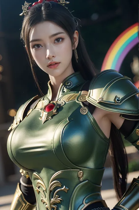 Game art，The best picture quality，Highest resolution，8K，((A bust photograph))，((Portrait))，((Head close-up))，(Rule of thirds)，Unreal Engine 5 rendering works， (The Girl of the Future)，(Female Warrior)， 22 year old girl，(Female hackers)，(Rainbow hair，Ancien...