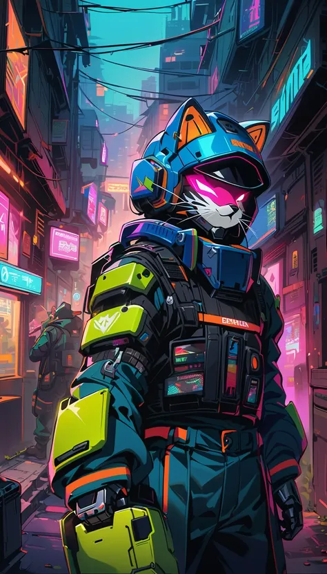 Cyberpunk Cat Knight，Glowing Eye Mechanical Armor，Metal Whiskers，Electric blue color scheme，future helmet，Vaporwave aesthetics，lightsaber，resolute determination，Fashion，Mysterious company logo，High-tech weapons，night adventure，dimly lit alley，cityscape bac...