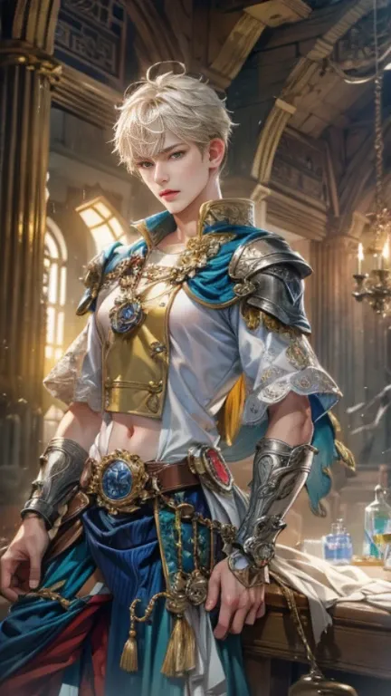 (nonsense, height, very detailed, HDR), Masterpiece, complicated details, The best quality close-ups of the characters from Valkyrie Anatomia., einherjar with a handsome face, korean men, short hair, anime eyes, matured teenager, Miraculous outfit showing ...