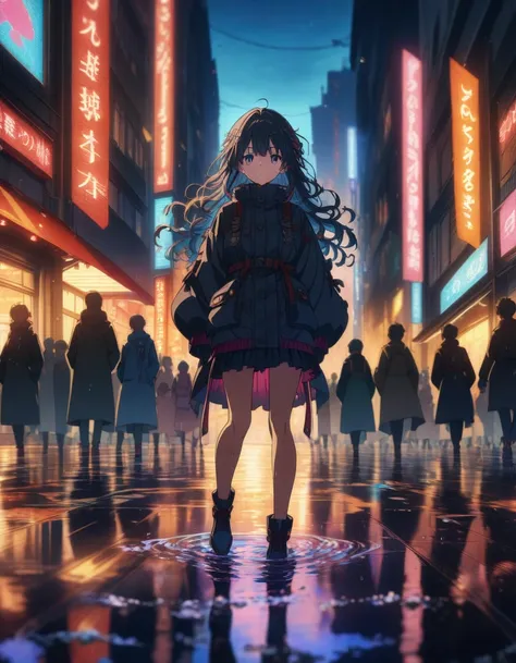 1girl, cinematic film still (A film shot of a bustling Tokyo street at night, neon signs glowing vibrantly, crowds of people captured in a freeze-frame of urban life, reflections on wet pavement, atmosphere, shot with a Canon EOS R3, Focal length 35mm). sh...