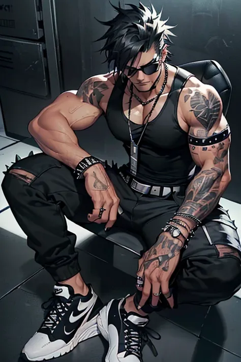 ((8k)), ((Man with messy hair covering his eyes with muscular body wearing black spikey headphones, black rectangular shades, black tank top tucked in, black spikey bracelet, black aesthetic leather belt, black aesthetic cargo pants and black Nike sneakers...