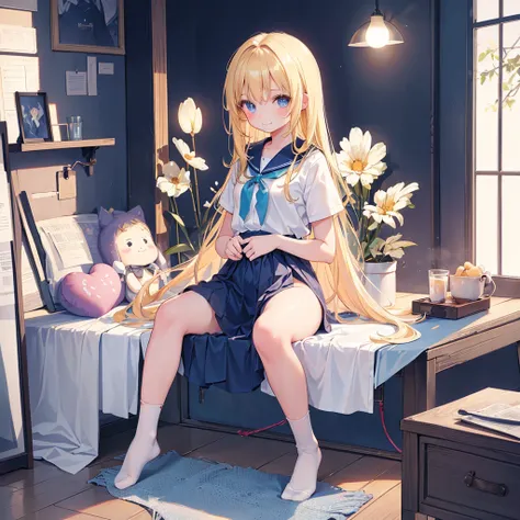 beautiful illustrations, highest quality, 1girl, (12 years old girl:1.5), (cute girl:1.6), flat chest, (girl like bisque doll), navy blouse, light blue white shirt, Not safe for work, ((sitting, GYNECOTOLOGICAL DELIVERY TABLE)), (((No panties))), (cunnus:1...