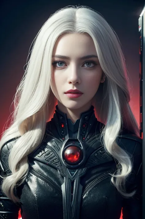 Portrait of a beautiful girl with wavy white hair, wearing a formal black dress with metal parts, red eyes, monograms in the background, digital painting, dark colors, 8k, complex details, vintage, retro futuristic style, sharp focus on the center, pastel ...