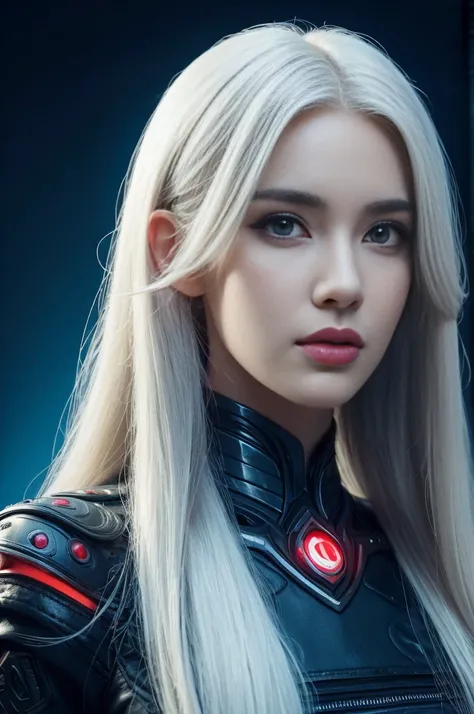 Portrait of a beautiful girl with wavy white hair, wearing a formal black dress with metal parts, red eyes, monograms in the background, digital painting, dark colors, 8k, complex details, vintage, retro futuristic style, sharp focus on the center, pastel ...