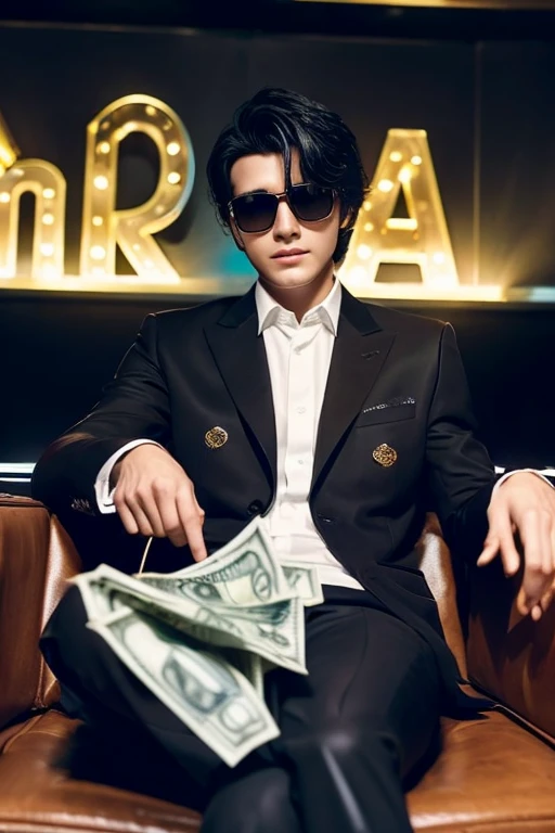 Elegant man sitting in a club seat, youth, wearing a suit and crossing his legs, realistic picture, black hair, no beard，Holding a wad of money，sunglasses，Next to him is a beautiful woman in a dress with sparkling eyes