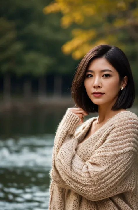 Portrait of a middle-aged Taiwanese woman, 40 years old, short hair，cute face, Slim, Tortitz, (big sagging:1.1), huge nipples, wear (Sexy sweater:1.2), Standing by the river, Bokeh background, Simple background, (highly refined skin:1.0), (masterpiece:1.2)...