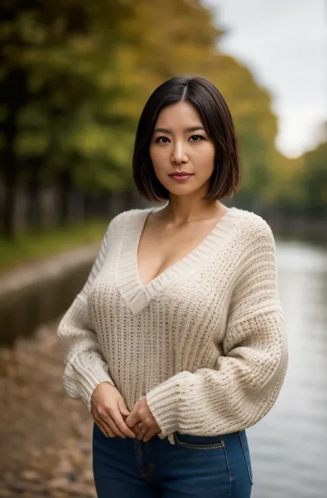 Portrait of a middle-aged Taiwanese woman, 40 years old, short hair，cute face, Slim, Tortitz, (big sagging:1.1), huge nipples, wear (Sexy sweater:1.2), Standing by the river, Bokeh background, Simple background, (highly refined skin:1.0), (masterpiece:1.2)...