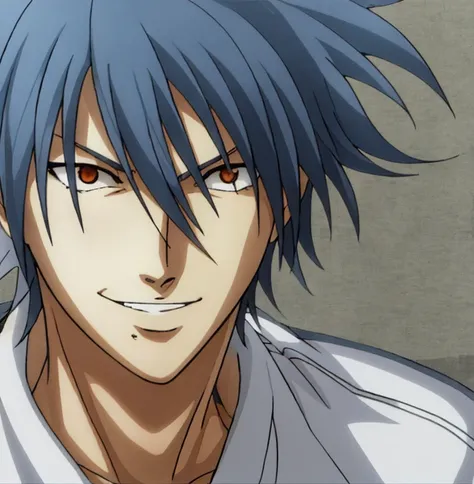 Anime character with blue hair and shirt, Yukito Kishi, Blow blow, silver madman, Kaoru Nagisa, Gintama, Hajime Yatate, mischievous giggle, Kentaro Miura style, Shiro Takaya, Nobutaka Ike, Otaku walks, gray hair, Kazuto Okada