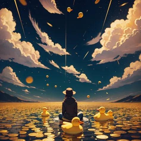 Rubber ducks surrounded by gold coins, anime style drawing, coins falling from the sky