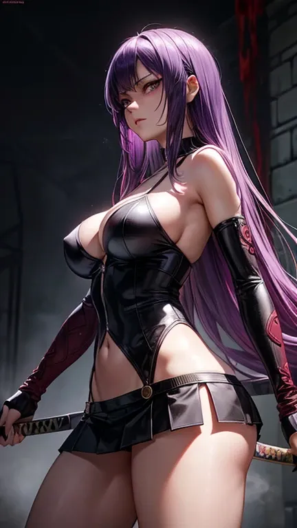 Saeko Busujima with detailed eyes and lips, flowing purple hair, perfect face, epic scene, fierce expression, Long purple hair, slender figure, standing in a deserted school corridor, surrounded by a dark and mysterious atmosphere. She is holding a blood-s...