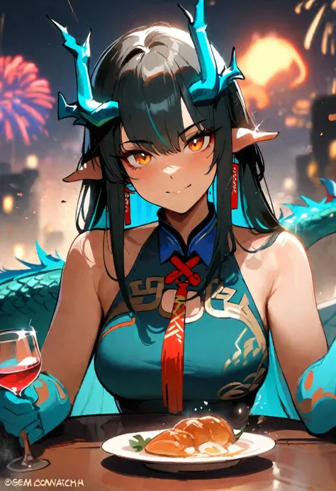 1girl, dusk (everything is a miracle) (arknights), arknights,(masterpiece, best quality),, newest,  orange eyes,, black hair, horns, /////  nyantcha,(khyle:0.7),realistic,omone hokome agm  , fireworks,turquoise china dress,night,gradient hands , mature fem...