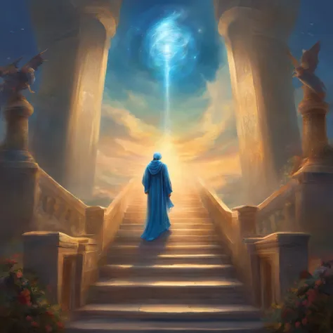 Ruhollah Khomeini, a religious cleric, enters heaven through the stairs that end in the sky. A woman walks behind him holding his clothes and a light shines on it from the top of the stairs. A view from the back. blue theme Cloud .