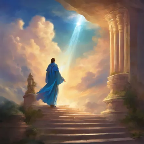 , a religious cleric, enters heaven through the stairs that end in the sky. A woman walks behind him holding his clothes and a light shines on it from the top of the stairs. A view from the back. blue theme Cloud .