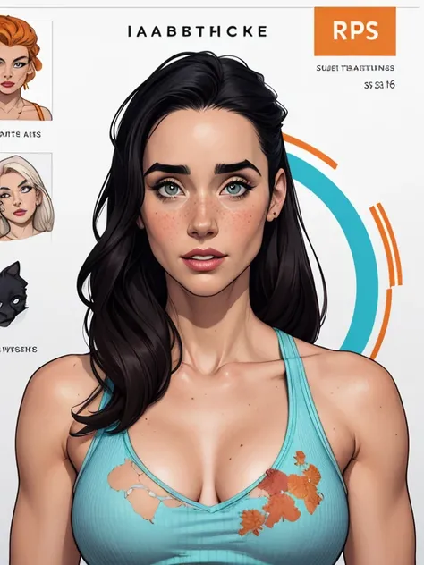 Character style illustration style Completely bare breasts showing small fear Breast size Cartoon name: Isabella Cruz white background medium breasts freckled face Jennifer Connelly actress strong contours Physical description - long straight hair, tingido...