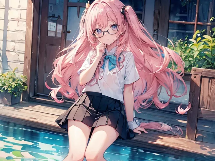 super detailed, highest quality, High resolution, ((8K)), ((youngest son:1.6)),  ,Watery eye((mini skirt)), (blush:1.5), (embarrassing:1.6),  ((watercolor)), upward glance, open your mouth, glasses