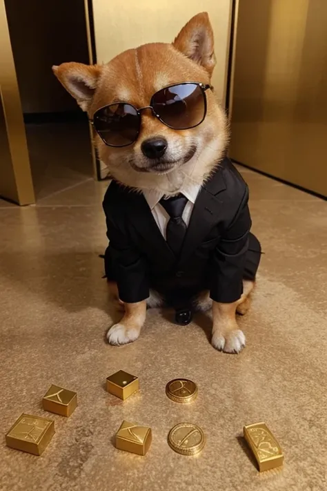 a lot of money, safe full of dollars, Bundle of money, gold bar, Shiba dog wearing sunglasses and suit, cute, very cool, funny, pleasure